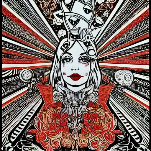 Image similar to Alice in wonderland by Shepard Fairey, huge intricate detail mural