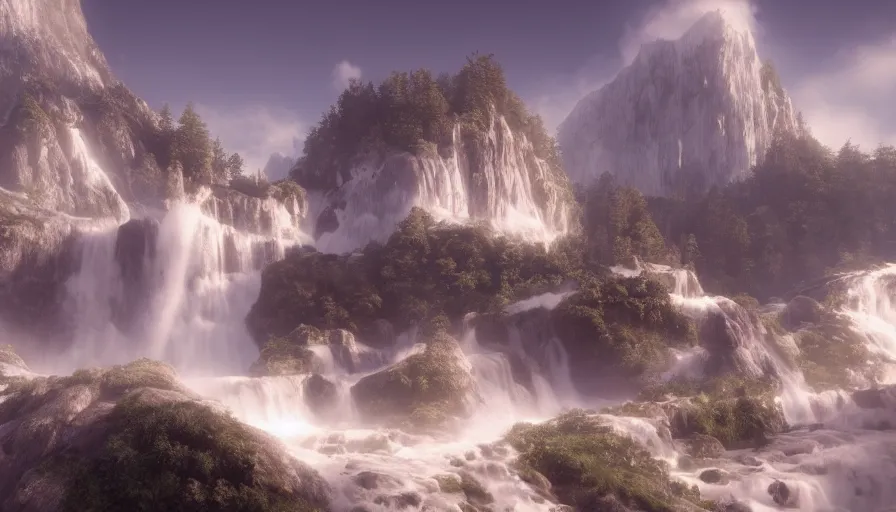 Image similar to Bright white mountains white golden waterfalls, volumetric light, hyperdetailed, artstation, cgsociety, 8k