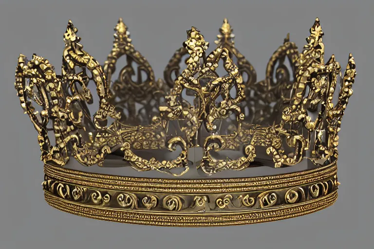 Prompt: ornate crown, 3d render ornate crown, dark background, octane render, unreal engine 5 3d render