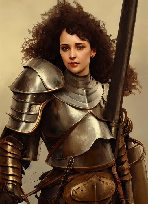 Image similar to medium-length portrait of a female knight with short curly hair and brown eyes, dark brown skin, happy expression, wears a combination of plate armor and boiled leather, medieval setting, highly detailed, digital painting, artstation, concept art, sharp focus, illustration, art by greg rutkowski and alphonse mucha
