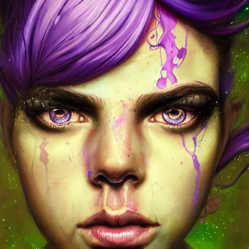 Image similar to detailed photo portrait of a furious teen girl with thin, hair-like purple tentacles on her head and bright purple eyes, 8k,by tristan eaton, Stanley Artgermm,Tom Bagshaw,Greg Rutkowski,Carne Griffiths,trending on DeviantArt, face enhance,hyper detailed ,full of colour, dramatic lightning