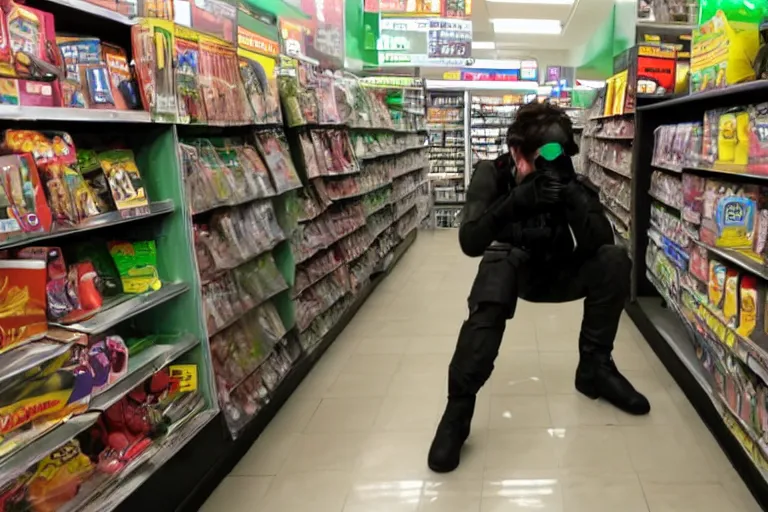 Prompt: solid snake sneaking inside of a 7 - eleven