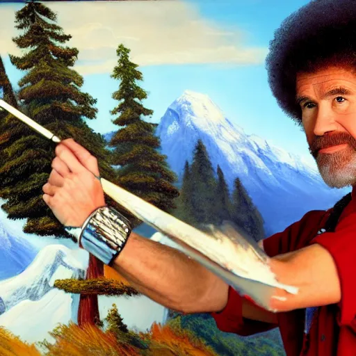 Prompt: a closeup photorealistic photograph of bob ross working on a canvas painting of wonder woman. film still. brightly lit scene. mountains and trees. this 4 k hd image is trending on artstation, featured on behance, well - rendered, extra crisp, features intricate detail, epic composition and the style of unreal engine.