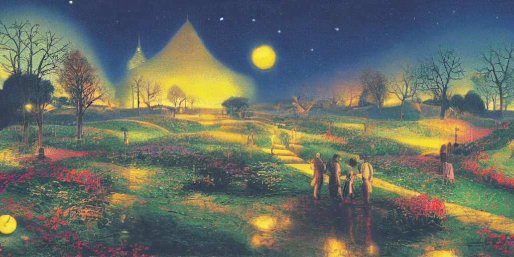 Prompt: a night landscape background, bhupen khakhar, rob gonsavles, thomas kinkade