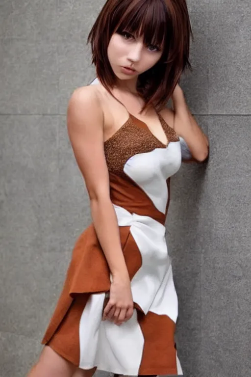Image similar to beautiful woman with short brown hair, brown eyes, v-cut dress, anime