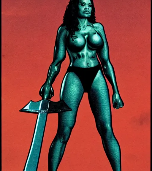 Image similar to 1 9 8 0 s fantasy novel book cover, rosario dawson in extremely tight bikini armor wielding a cartoonishly large sword, exaggerated body features, dark and smoky background, low quality print