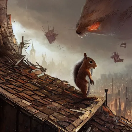 Prompt: Anthropomorphic Squirrel wearing a Cloak sitting otop a roof in a decimated city, concept art,like a action book cover,by rossdraws and greg rutkowski,Leonardo DaVinci,8k
