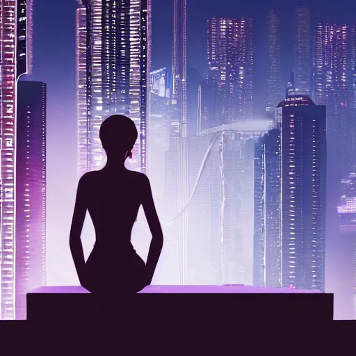 Prompt: short haired girl sitting on top of a skyscraper smoking, cyberpunk, realistic, detailed, purple sky