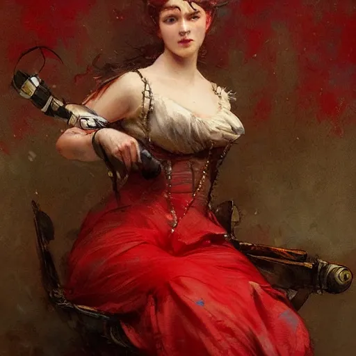 Image similar to Jean-Baptiste Monge and Solomon Joseph Solomon and Richard Schmid and Jeremy Lipking victorian genre painting portrait painting of a young beautiful woman marverl DC comic book character fantasy costume, red background