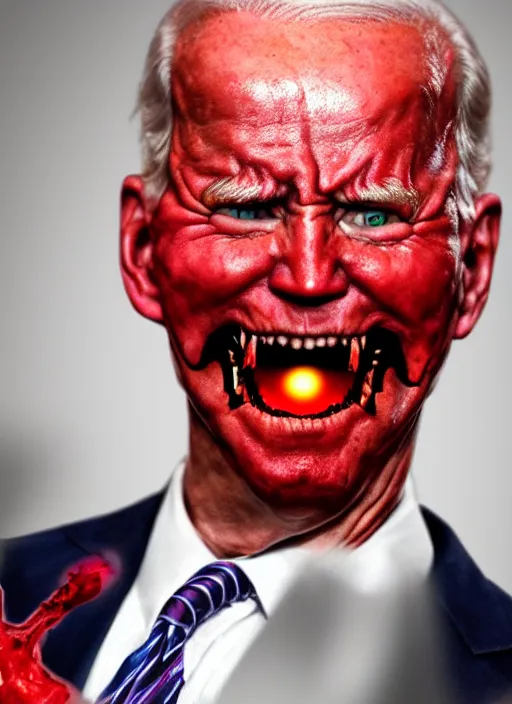 Prompt: hyper realistic terror photo Doom furious glowing red eyes biden