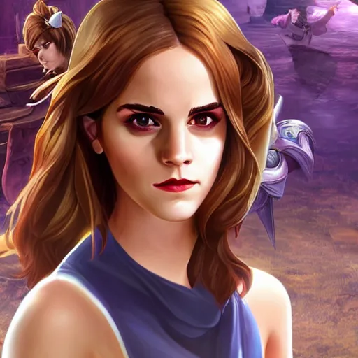 Image similar to Emma Watson as a character in the game League of Legends, with a background based on the game League of Legends, detailed face, old 3d graphics