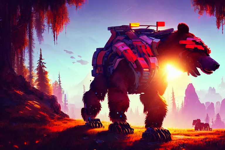 Image similar to bear - tank machine mecanical creature robot of horizon forbidden west horizon zero dawn radiating a glowing aura global illumination ray tracing hdr fanart arstation by ian pesty and alena aenami artworks in 4 k