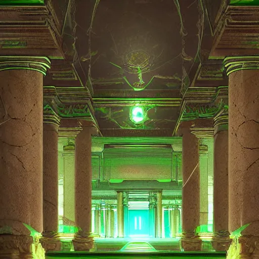 Prompt: Interior of a marble temple of an ancient god, a glowing green light can be seen on its walls, dark, digital art, trending on artstation