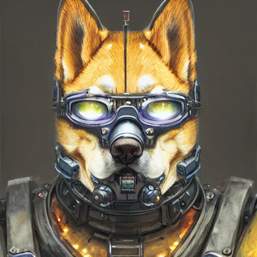 Image similar to warhammer 4 0 k emperor armor realistic cyborg anthropomorphic shiba inu scifi cyberpunk x - ray, portrait art by donato giancola and greg rutkowski, realistic face, x - ray fields glowing in tesla electricity visible magnetic field, digital art, trending on artstation, symmetry