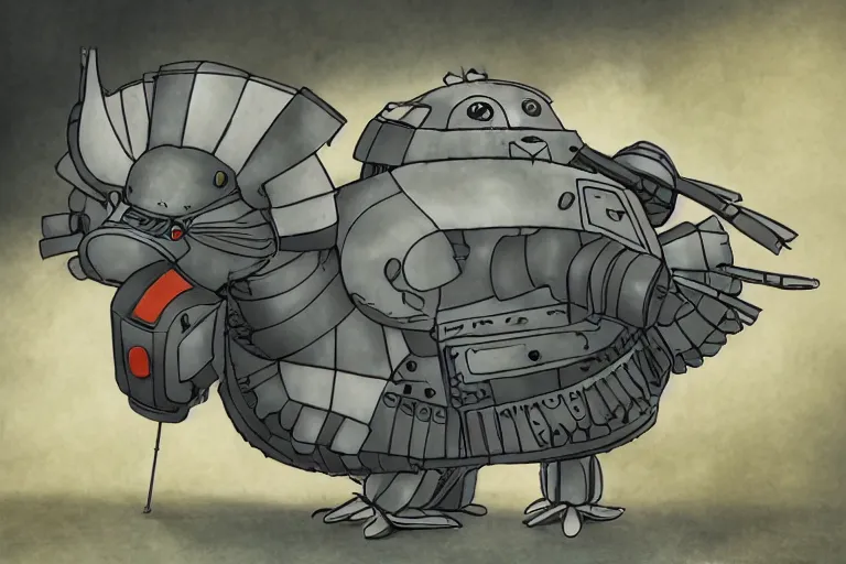 Image similar to heavily armoured mechanical chicken by studio ghibli