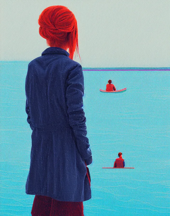 Image similar to wide shot rear view photographer woman hair in a bun long red stripe coat backpack sneakers taking photo with nikon camera in hand while looking out over a placid blue lake, a character design painting, in the style of wes anderson, lola dupre, david hockney, isolated on negative white space background dark monochrome fluorescent spraypaint accents volumetric octane render, no double figure