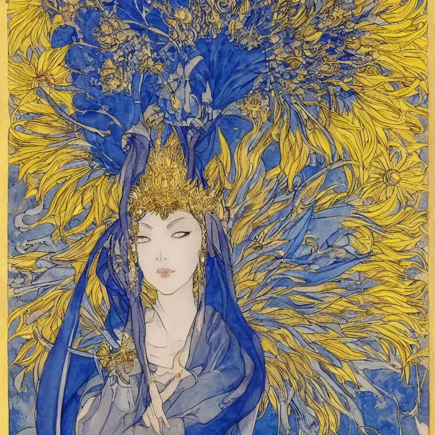 Prompt: watercolor, final fantasy character design, east-asian queen-goddess wearing a shiny golden sunflower crown, character portrait, angelic, shrouded in soft blueish smoke, harry clarke artwork