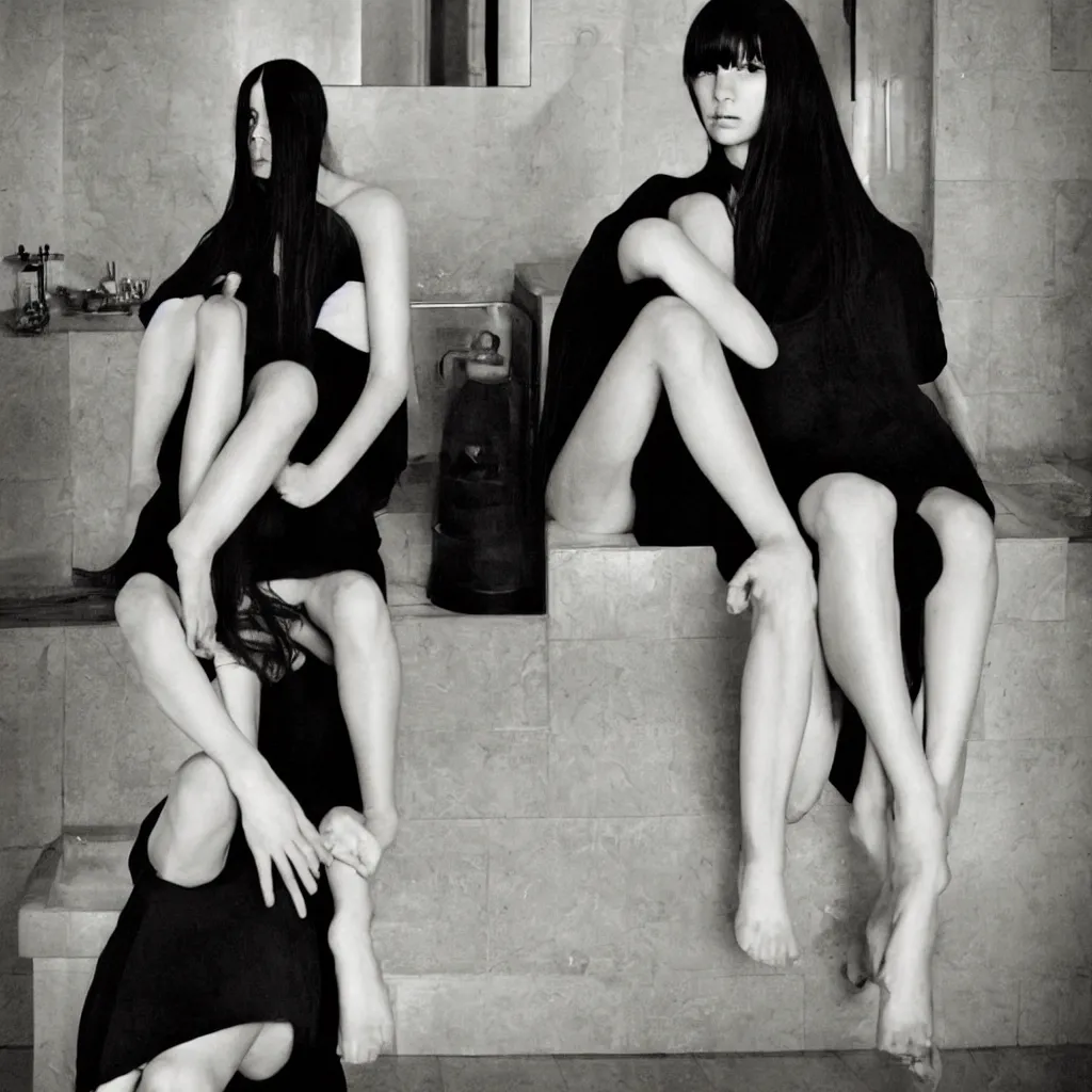 Image similar to a young girl with straight long black hair wearing black dress and sitting on bathroom floor, art by artgem with help of mario testino and vanessa beecroft