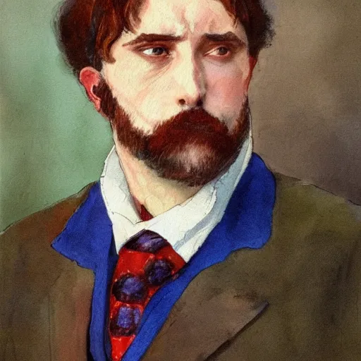 Image similar to Portrait of a handsome man with mutton chops. wearing a suit. colorful necktie, pale white face, long messy hair, ((red)) baggy eyes, tired face, watercolor, brushstrokes, high detail, artstation, background yellow and blue, medium detail, by Ilya Repin