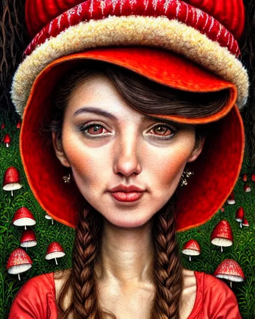 Prompt: highly detailed closeup, of a beautiful brown hair happy woman dressed in a red mushroom hat and clothes, full face view, in a mushroom garden, hyper realistic, psychedelic, illustration, nicoletta ceccoli, mark ryden, lostfish, dan decarlo, bob clampett, max fleischer, digital paint, matte paint, vivid colors, detailed and intricate environment