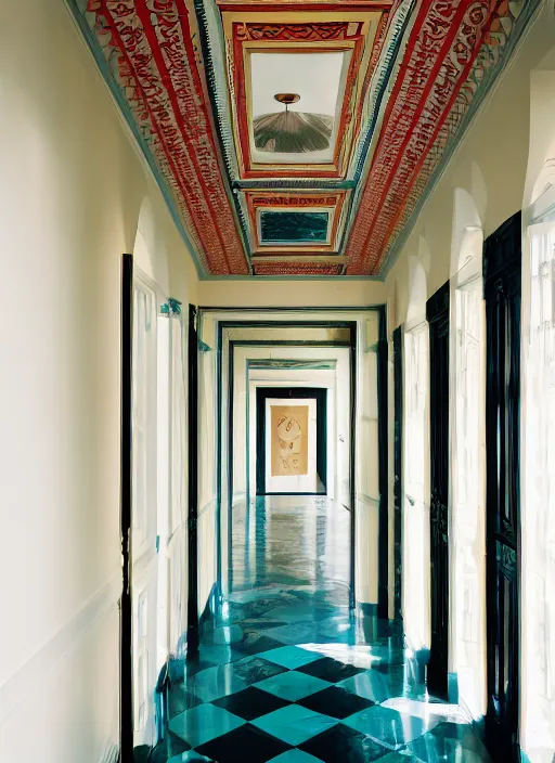 Image similar to photograph of a hallway in the style of wes anderson, architecture magazine, dezeen, 5 0 mm, pentax, film