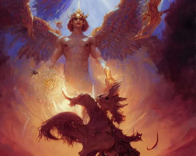 Image similar to attractive pagan male deity, casting chaos magic, summoning handsome lucifer morning star. highly detailed painting by gaston bussiere, craig mullins, j. c. leyendecker 8 k