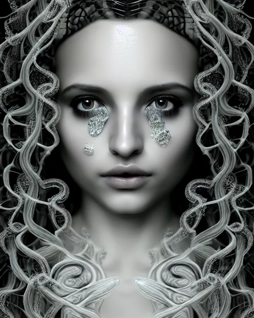 Prompt: surreal mythical dreamy underwater artistic black and white 3 d render of a translucent beautiful young female angelic - medusa - vegetal - doll with her face covered with fish scales, highly detailed, intricate crystal ivy jelly ornate, poetic, translucent algae ornate, digital art, octane render, 8 k artistic photography, photo - realistic, hg giger flora borsi