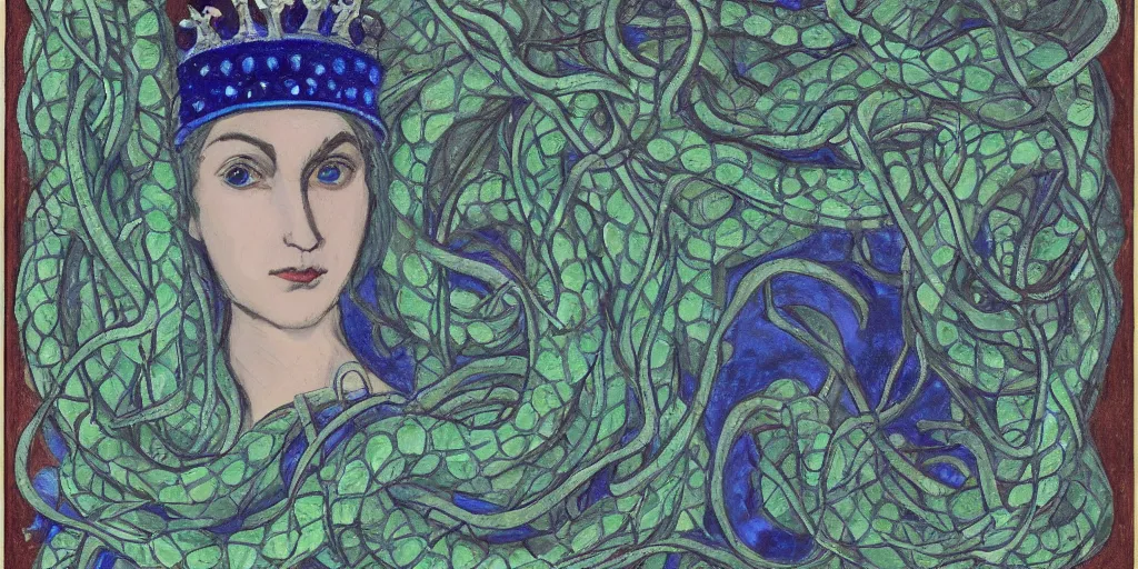 Image similar to portrait of the queen of snakes, pale blue, emerald, sapphire, wearing a crown of vines, moonlit