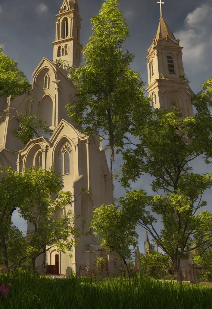 Image similar to a church filled with lots of plants and flowers, a flemish baroque by thomas cole, unsplash, baroque, sanctuary, rendered in unreal engine, unreal engine