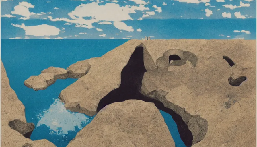 Image similar to a poster about Percé Rock, a rock with a hole in it in the sea, by Bauhaus and John Baldessari