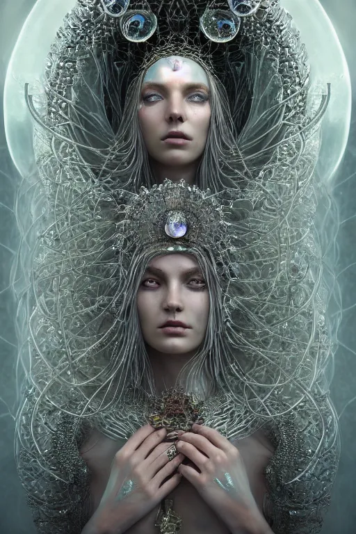 Prompt: a centered render of a wild post apocalyptic goddess with wearing ornate silver and gemstones and crystal clothing surrounded by flowing liquid gallium jellyfish and sacred geometry, perfect body and face, gorgeous, cinematic, beautifully lit, by tomasz alen kopera and peter mohrbacher, 3 d, trending on artstation, octane render, 8 k