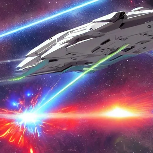 Image similar to science - fiction space battleship in combat, laser beams, explosions, space, planets