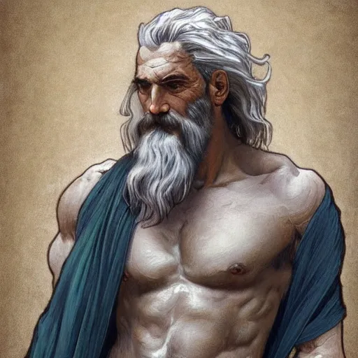 Image similar to painted portrait of rugged zeus, greek god, 4 0 years old, handsome, white hair, soft hair, upper body, muscular, hairy torso, fantasy, intricate, elegant, highly detailed, digital painting, artstation, concept art, smooth, sharp focus, illustration, art by alphonse mucha