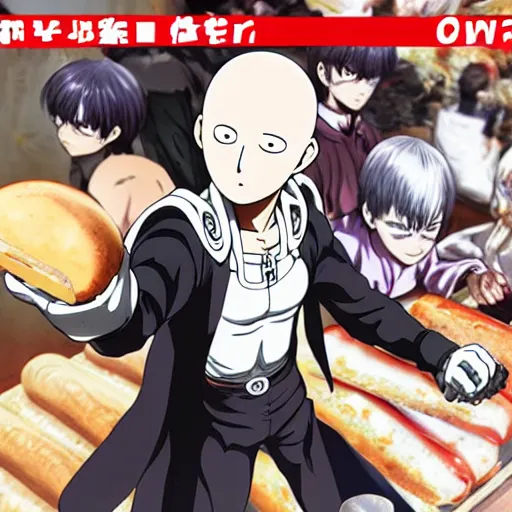 Image similar to one punch man as baker baking french baguette, manga book anime style, anime key visual, pixiv