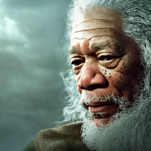 Image similar to morgan freeman starring as gandalf in lord of the rings, realistic extremely detailed photo style painting, granular detail, holographic krypton ion, octane render, 4 k, f 3 2, 5 5 mm photography, wide angle