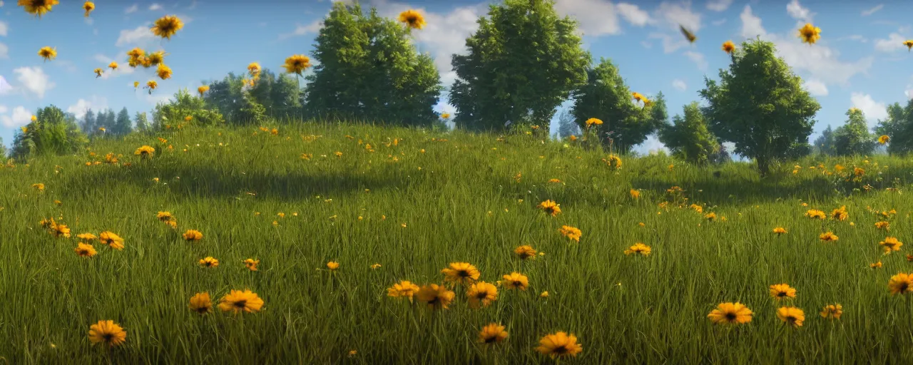 Prompt: a beautiful meadow landscape with cute happy bees flying, flowers, happy trees, photorealistic, octane render, rtx, hdr, unreal engine, digital art widescreen 8 k