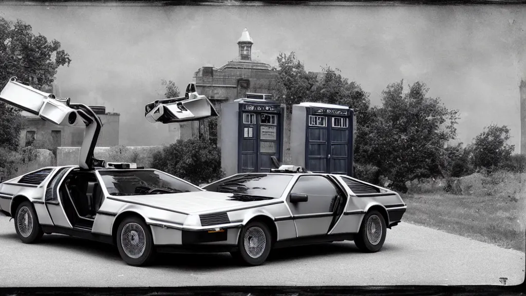 Image similar to a DeLorean in front of the TARDIS daguerreotype