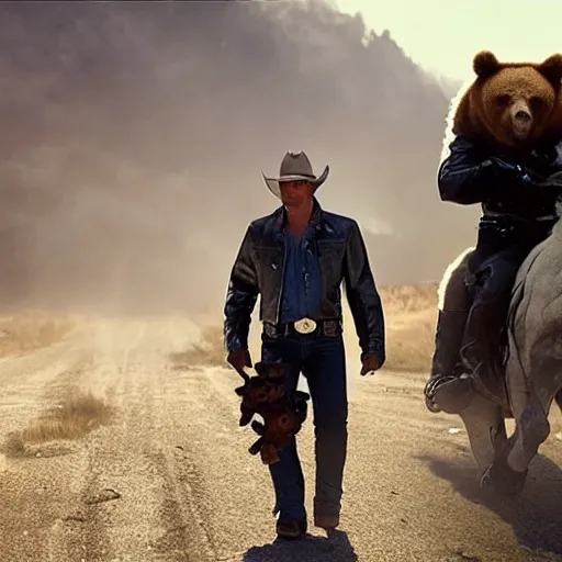 Image similar to a terminator android dressed as a cowboy while riding a bear, 8 k, movie still, high detail