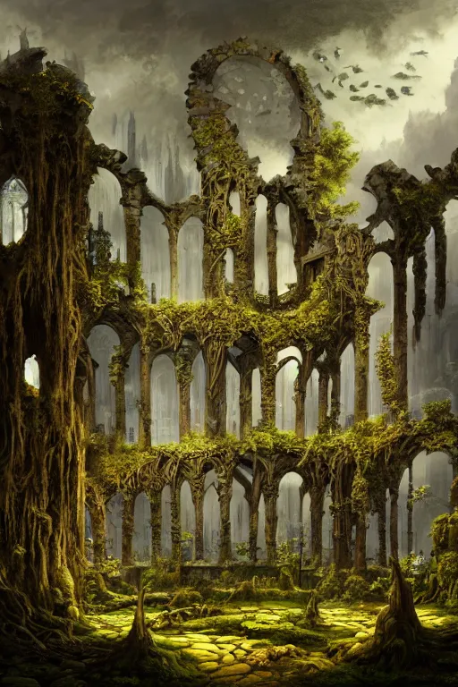 Image similar to a beautiful digital illustration painting of a detailed gothic fantasy ruins and roots, dark mushroom, flowers by benoit b. mandelbrot, steven belledin, martin johnson heade, lee madgwick, caspar david friedrich, and david rios ferreira. 8 k resolution trending on artstation concept art digital illustration