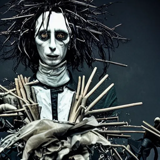 Image similar to first still taylor momson as edward scissorhands in edward scissorhands remake, ( eos 5 ds r, iso 1 0 0, f / 8, 1 / 1 2 5, 8 4 mm, postprocessed, crisp face, facial features )