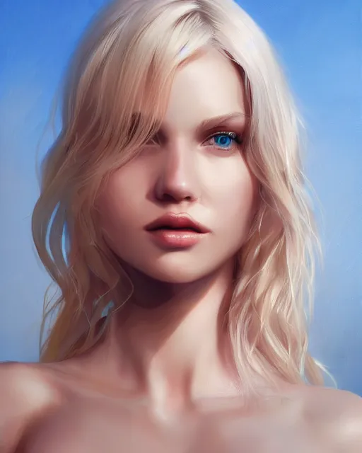 Image similar to closeup of beautiful blonde female with blue eyes, award winning portrait photography, extremely detailed, artstation, 8 k, sensual lighting, incredible art, wlop, artgerm, backlit, rim lighting, hi - fructose, cellshading, intricate lineart