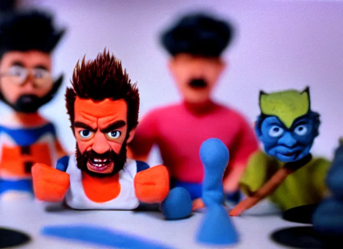 Prompt: 1 9 8 0 s cinematic screenshot cinestill portrait of a stop motion claymation film about a wacky adventure starring wolverine, shallow depth of field, 1 8 mm, f 1. 8