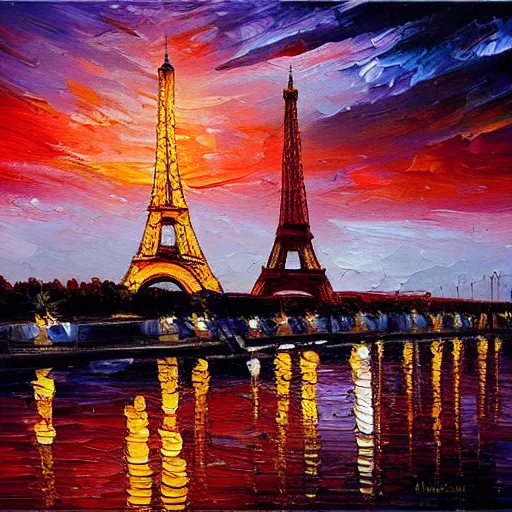 Prompt: the Eiffel Tower at sunset, trending on art-station, oil painting, busy