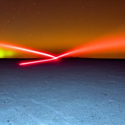 Image similar to a photograph of a ufo shooting destructive red laser on a desert at night