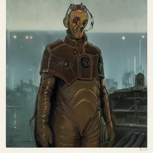 Image similar to portrait of rubbery albino mutant with moist skin, huge black eyes and determined expression, wearing fascist Byzantine police uniform and standing on cyberpunk docks, Dune concept art by Anato Finnstark, Alphonse Mucha, and Greg Rutkowski