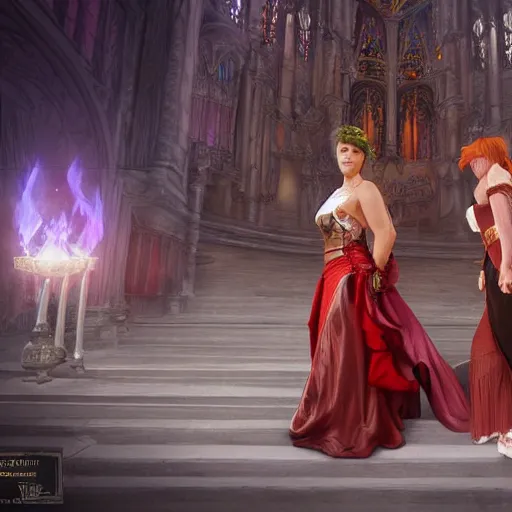 Image similar to an ultra detailed matte painting of a lesbian wedding between evil pyromancer and a red mage from final fantasy, steampunk, unholy, white church background, detailed face, sharp focus, highly detailed, cinematic lighting, studio quality, colorful, smooth render, unreal engine 5 rendered, octane, rendered, by artgerm, greg rutkowski, alphonse mucha