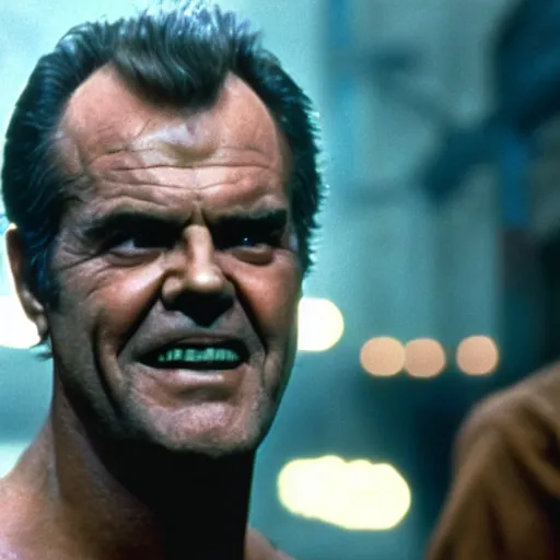 Image similar to 30 year old Jack Nicholson as Rick Deckard on blade runner 1982, movie still, in color, movie frame, light smile, detailed face, symmetrical face, 4k