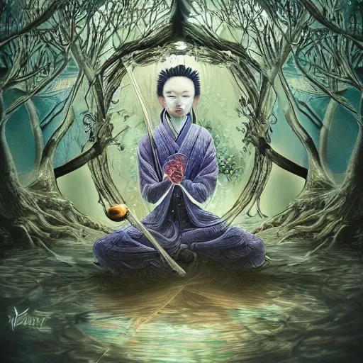 Image similar to magical samurai floating meditating in enchanted forest, digital art, surreal, beautiful, detailed, highly detailed, intricate, powerful warrior, glowing, prismatic, pearlescent