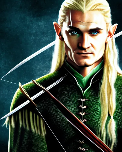 Prompt: Legolas from Lord of the rings, Cover art by Stephen Bliss, boxart, loading screen, 8K resolution