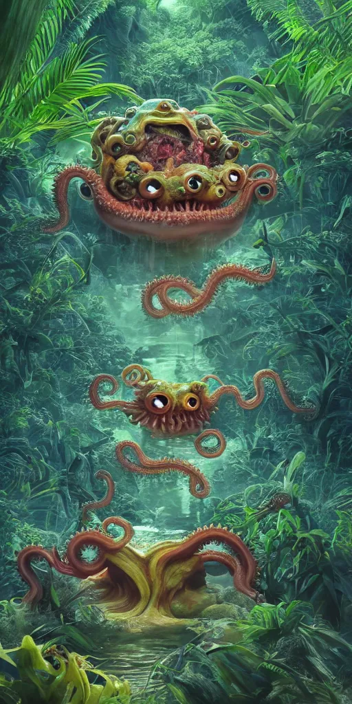 Image similar to of a tropical rainforest lake with strange cute friendly happy creatures with huge eyes, mouth, long tongue, round teeth and tentacles appearing from sandy coral, in the style of gehry and gaudi, macro lens, shallow depth of field, ultra detailed, digital painting, trending artstation, concept art, illustration, cinematic lighting, photorealism, epic, octane render